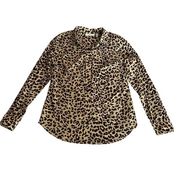 1901 Blouse Button Down Collar Leopard Print Tan Black Brown Long Sleeve XS - Picture 8 of 13